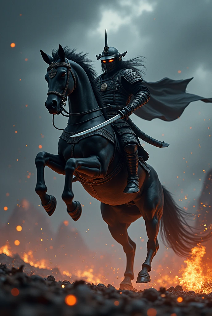Centaur-type Japanese warrior、Black Armor、A pose where you jump high into the air、Black helmet、Japanese sword shines、battlefield、sparks、inflammation、Backlight、Dark Night、