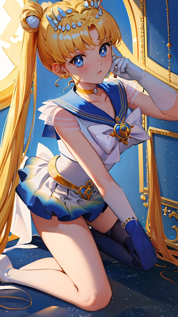 masterpiece, Highest quality, High resolution, 1 girl, alone, Sailor Warrior Uniform, SM Moon, 1990s \(style\), Blonde, Magical girl, blue eyes, Blue Skirt, Elbow-length gloves, tiara, Pleated skirt , blue sailor necklace, mini skirt, choker, blue choker, White gloves, Very long hair, jewelry, Earrings, Kneel on the floor, Place your hands on the floor, (In), Back to camera.  Ass close up