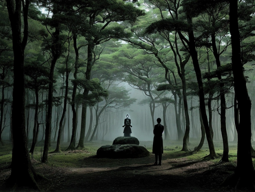 ritual in a forest Horror Japanese style darkness