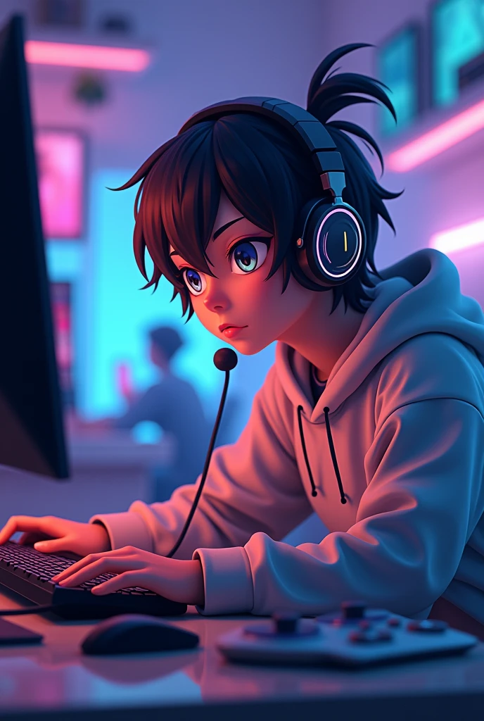 Make a gaming logo, a anime character playing the game in his PC with headphones and asthetic look