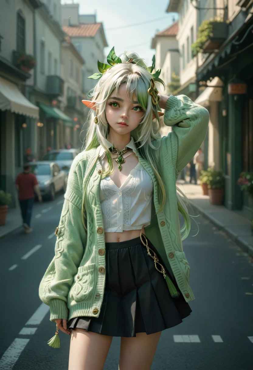 masterpiece , Best quality,Nahida(genshin influence) ,1 girl , ,long hair ,Side tail, hair ornament , White hair , green hair , hand behind head:1.5,multicolored hair, elf , pointed ears , , skirt ,cardigan,Road , street,I look at the audience