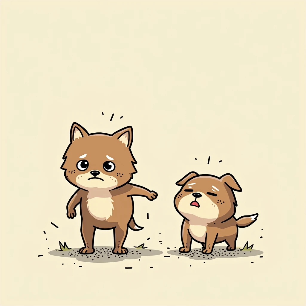 Chibi Style, 2-panel cartoon, dot halftone, Flat Color, Dogs with weak legs,sad, During a walk,seems painful