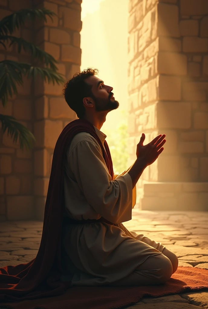 This is the astonishing testimony of David, whose faith was tested and rewarded in the most unexpected way. A man kneels in prayer, looking hopeful. His expression is one of serene confidence, with a gentle light illuminating his face, symbolizing divine guidance and reward. The scene should evoke a sense of inner peace and unwavering trust, reflecting a man whose faith has carried him through trials.”