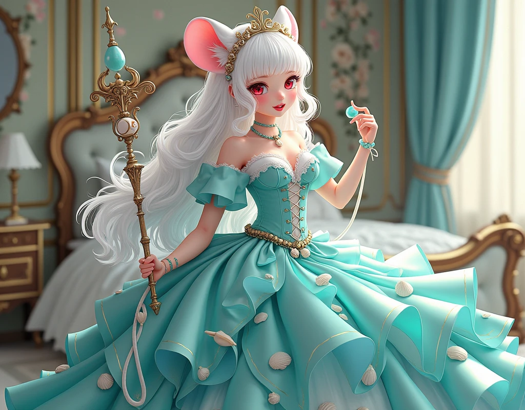 (best quality,4k,8k,highres,masterpiece:1.2), ultra-detailed, Pretty albino girl has a princess of the sea, drawn in 2D anime style, steampunk, wearing a iridescent turquoise princess gown with puffy sleeves, steampunk, gorgeous frilly dress design,flowing gown, elaborate lace details,rich textures,contrast stitching,delicate ribbon bows, seashells embroidery, full skirt with ocean wave pattern,short sleeves,fitted waistline,translucent flowing layered sleeves,lace-up back,luxurious fabrics,flawless silhouette, long curly white hair and red eyes, white fur, smiling, mouse ears and tail, ribboned high heels, white elbow evening gloves, gold bracelets, tiara made of seashells, beautifully detailed lips with lipstick, long eyelashes, eyeshadow, seashell necklace, in a castle bedroom with intricate decoration and luxurious furniture, flower wallpaper, she is holding a magic staff made of seashells and pearls.