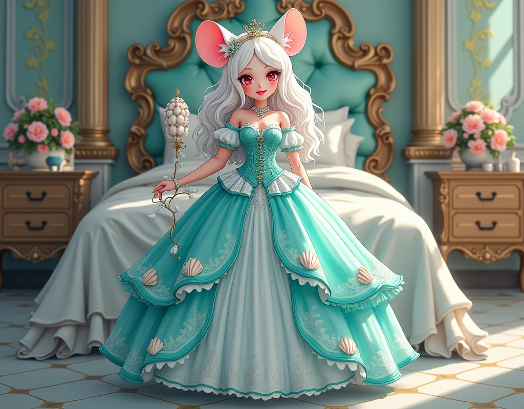 (best quality,4k,8k,highres,masterpiece:1.2), ultra-detailed, Pretty albino girl has a princess of the sea, drawn in 2D anime style, steampunk, wearing a iridescent turquoise princess gown with puffy sleeves, steampunk, gorgeous frilly dress design,flowing gown, elaborate lace details,rich textures,contrast stitching,delicate ribbon bows, seashells embroidery, full skirt with ocean wave pattern,short sleeves,fitted waistline,translucent flowing layered sleeves,lace-up back,luxurious fabrics,flawless silhouette, long curly white hair and red eyes, white fur, smiling, mouse ears and tail, ribboned high heels, white elbow evening gloves, gold bracelets, tiara made of seashells, beautifully detailed lips with lipstick, long eyelashes, eyeshadow, seashell necklace, in a castle bedroom with intricate decoration and luxurious furniture, flower wallpaper, she is holding a magic staff made of seashells and pearls.