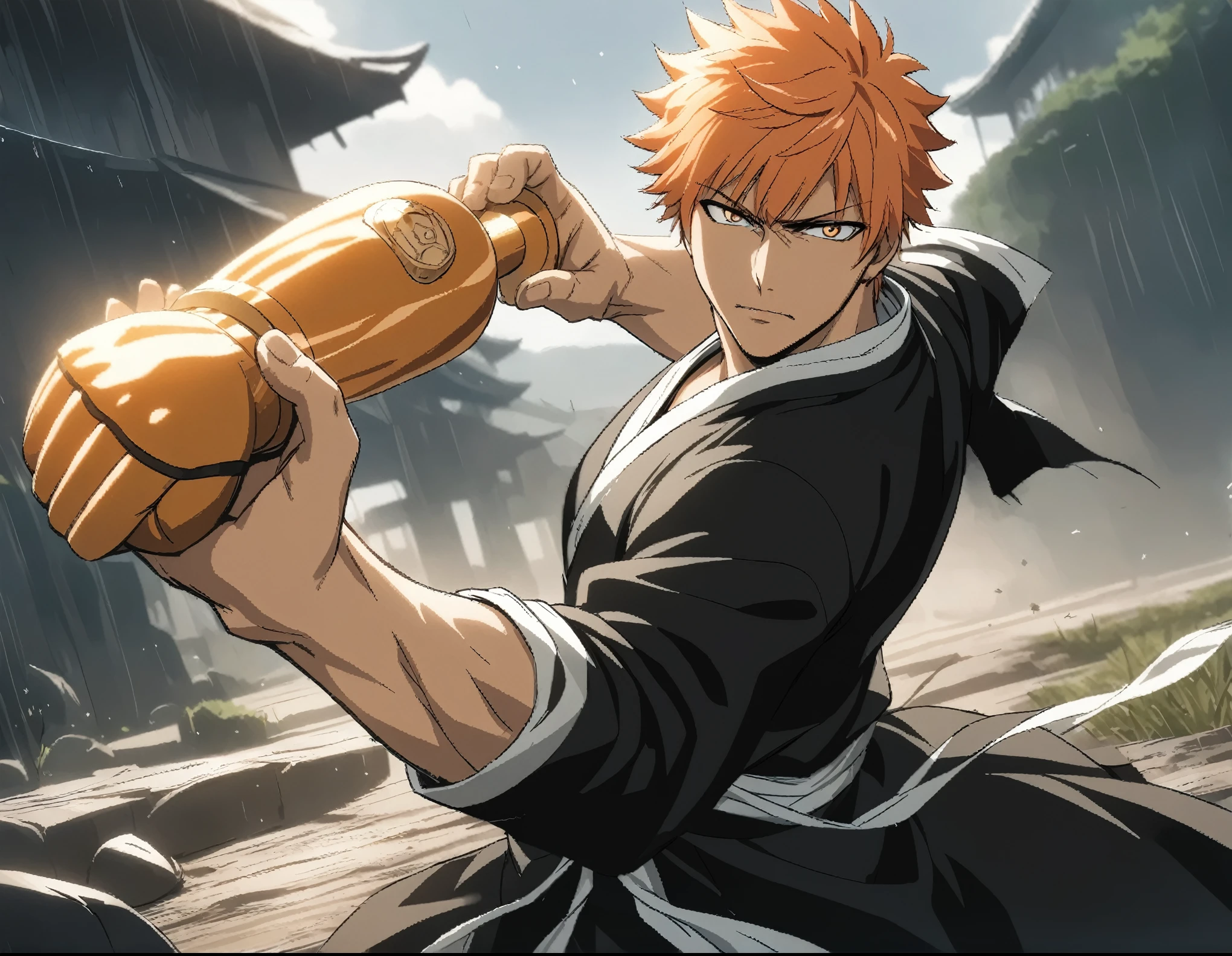 1boy, male focus, solo, (kurosaki ichigo), bleach, orange very short hair, wear blackimono, open mouth, gourmetspicer,
sky, holding weapon,
weapon,upper body,clenched hand,incoming attack,arm cannon,fighting stance,
looking at viewer,
dutch angle,
grasslands,
masterpiece, best quality, ultra detailed, highres,4k,(ultra-detailed:1.4) (illustration:0.5), (ray tracing,:0.8),(anime colored:0.7),(ai-generated:0.5),