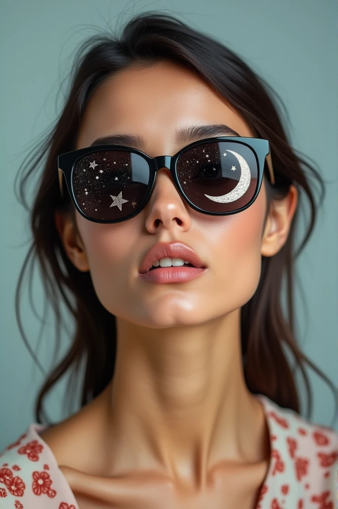 The model is wearing glass sunglasses with stars and the moon on the glass