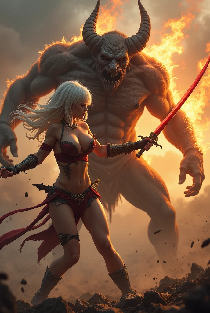 a large breasted girl is fighting with a sword against a demon on the battlefield, pale skin, taiwandolllikeness, nude, bangs, sagging breast, realistic, a demon that emits fire to attack