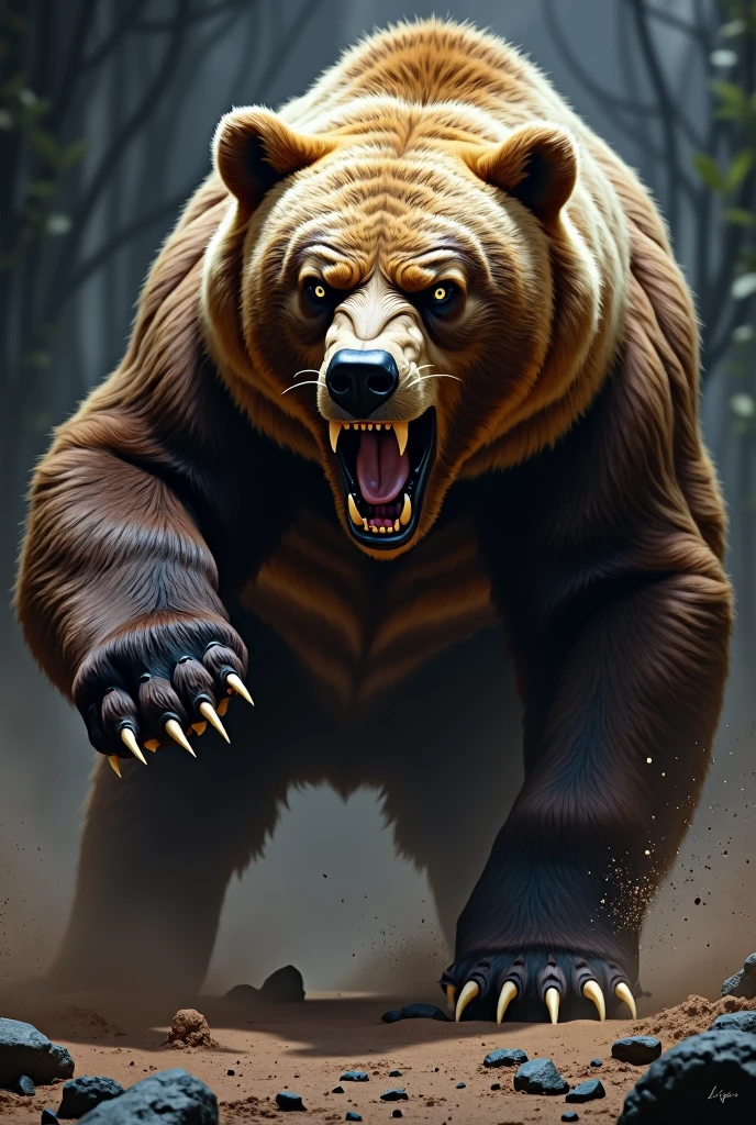 Close rosto urso pardo viking, open claws , hairs standing on end and muscles tense, attacking the prey with its claw.