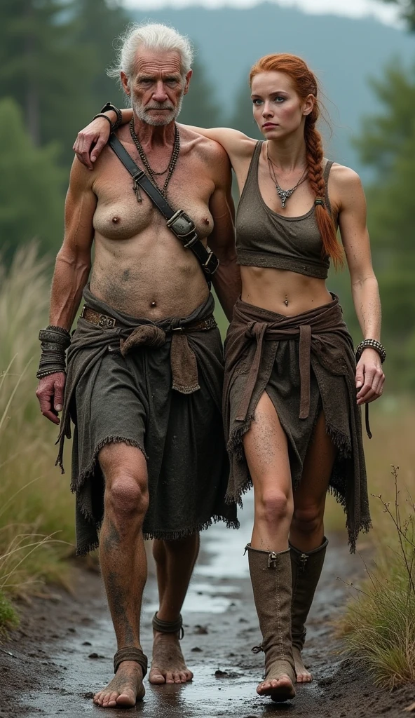 Full body picture of two women walking barefoot: the first woman is an 80-year-old Viking, 1.90 meters tall, with fair skin, very large sagging breasts, and a muscular, toned body. Her face, marked by fatigue from a long journey, is strikingly beautiful, with large green eyes and slightly cracked lips, staring directly at the camera with intensity. Her thick, red hair is styled in a single braid down her back. She appears dirty, covered in mud, with visible scrapes and bruises. She wears only a few tightly bound leather harness straps, pressing into her skin, along with Viking accessories. She has her arm over the shoulder of the second woman, a 30-year-old Viking woman with a slender yet muscular build, walking barefoot. The second woman also has fair skin, long blonde hair styled in a neat braid, and her skin shows signs of days without bathing, with similar scrapes and bruises scattered across her body. She wears a few tightly bound leather harness straps, pressing into her skin, and Viking accessories. Her beautiful face, with large green eyes and full lips, gazes at the camera with a look of shame.