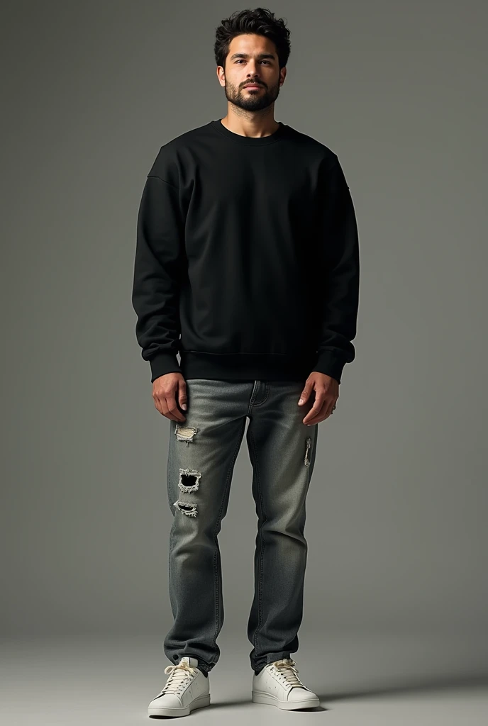 A man wear black sweatshirt and gray normal damage Jens and white shoes