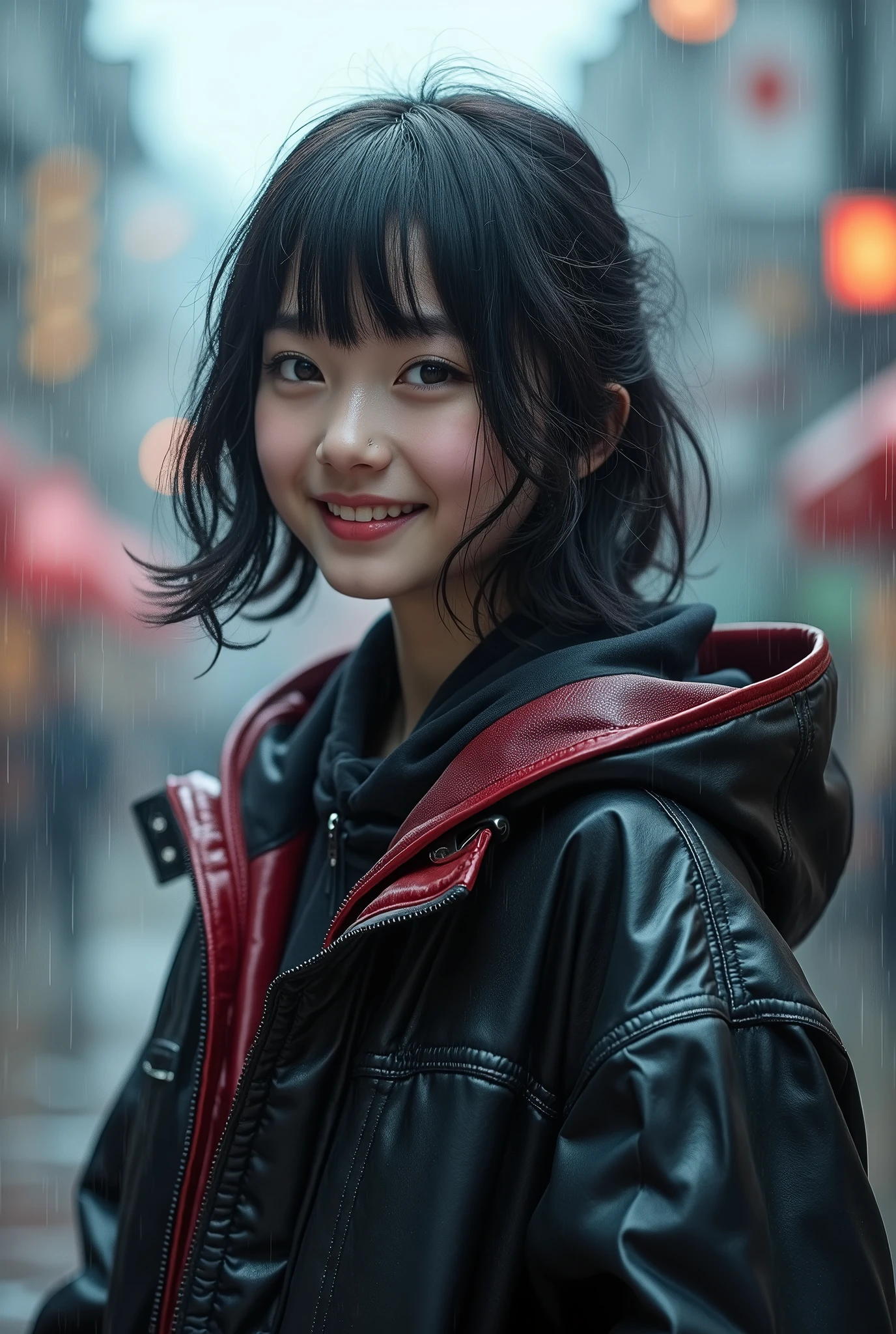 one person、High resolution、smile、High resolution、masterpiece、Anatomically correct、Person Portrait、Background blur、Super Real Photo、High resolution、Dramatic image、Harajuku casual fashion、dynamic、The perspective of the shot is quite far away、Capture the whole subject。Capture the whole subject、Beautiful decoration、Standing background:Scenery after rain
