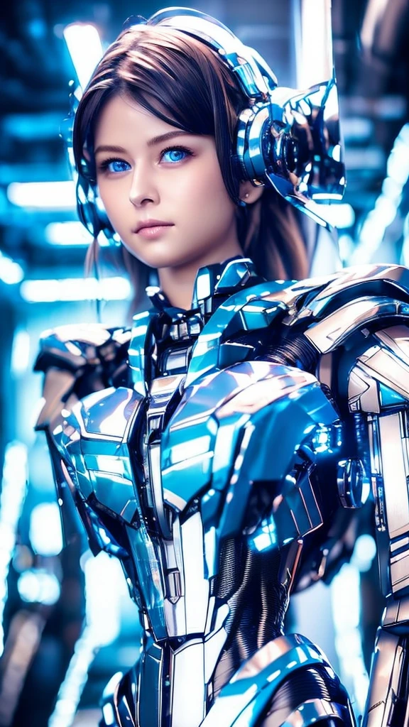 Wide-angle shot, 1 female, Mecha, Sparkling Blue Eyes, Very cute face, (Realistic:1.37), バイオMechaニカル, Spaceship interior bokeh background, Ultra-realistic, Very detailed, Very intricate details, Beautiful woman in focus