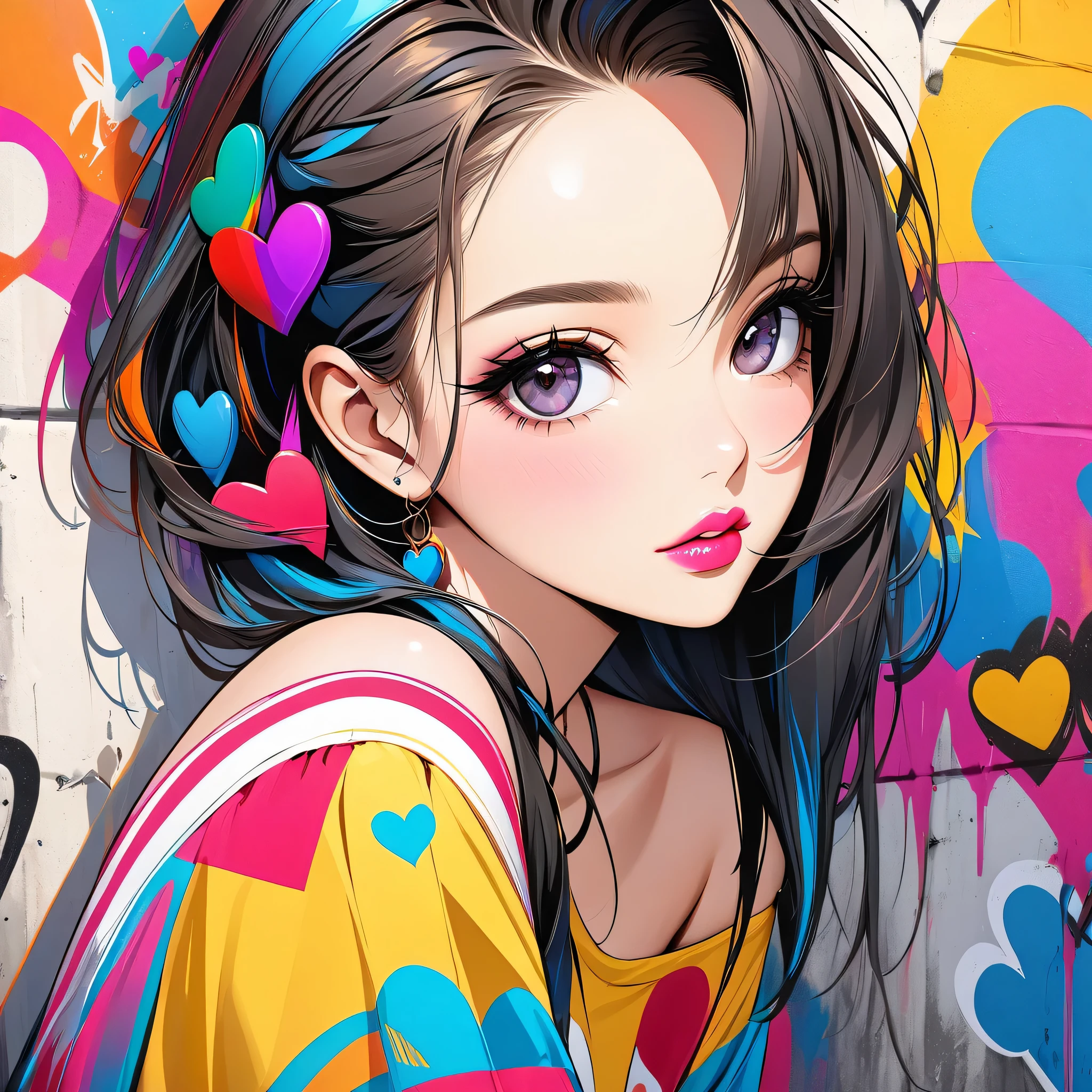 Ultra-realism Micho colorful style, Simple Line Initialism,Abstract art,(((The most beautiful girl of all time))), Sweet face. Lips in love, colorful hearts, stylish design, Summer beach fashion, Dark Eyes, Graffiti on the wall
