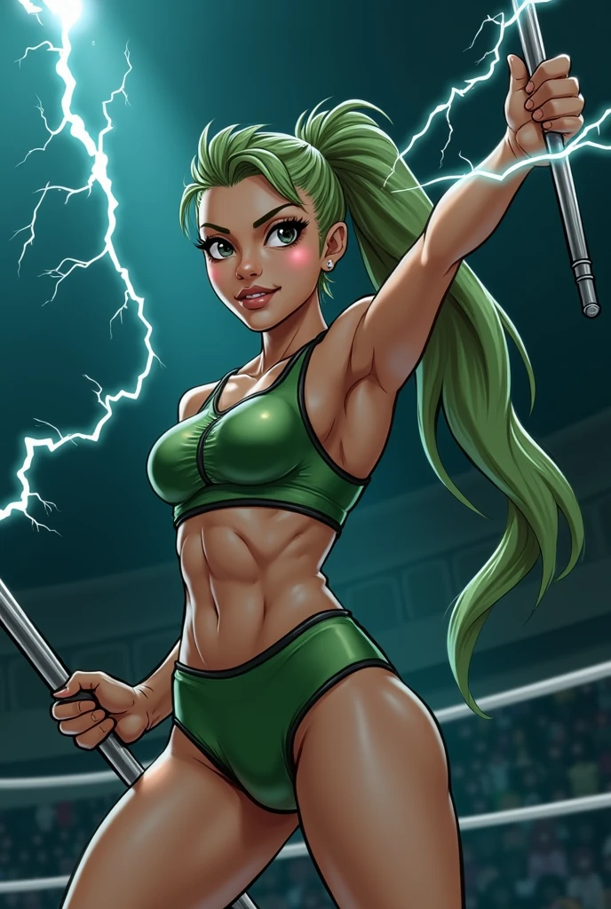 female wrestler, 6.1 175 pounds muscular and athletic, toned physique, bright green hair often styled in a pony tail. olive complexion, carries a lightning shaped staff. can control lightning and manipulate electrical charge.