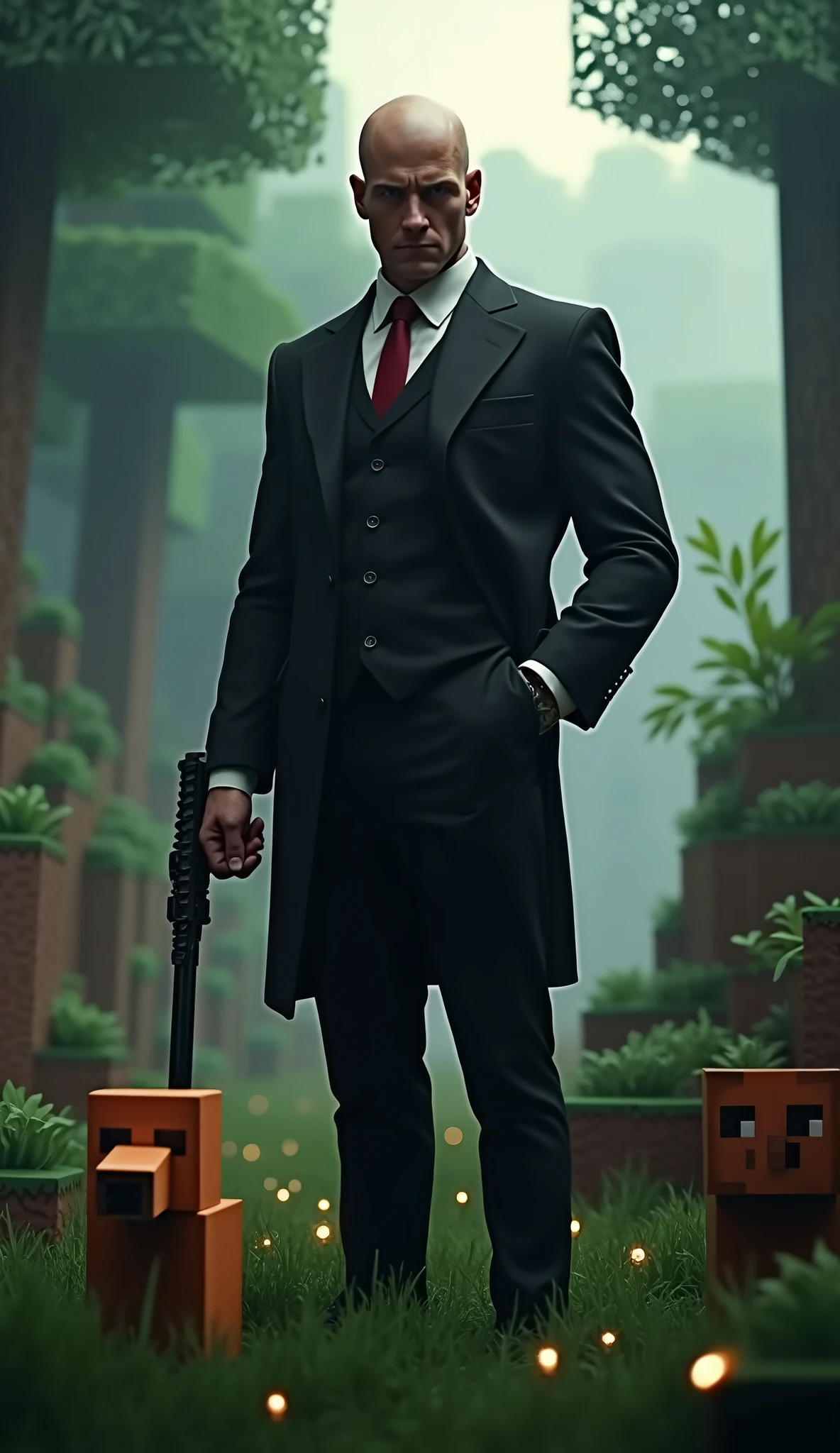 score_9, score_6_up, source_anime, [source_anthro], rating_safe, [rating_explicit],

full body portrait, body focus, front view, best quality, (wide shot), highly detailed face, perfect lighting,   

1man, solo, HITMAN, agent 47, bald head, calm face, (stand near tree), slit pupils, (a emotionless expression on his face), 

(minecraft animals), minecraft detailed world background,
detailed background, detailed foreground, depth of field, ambient silhouette, backlighting