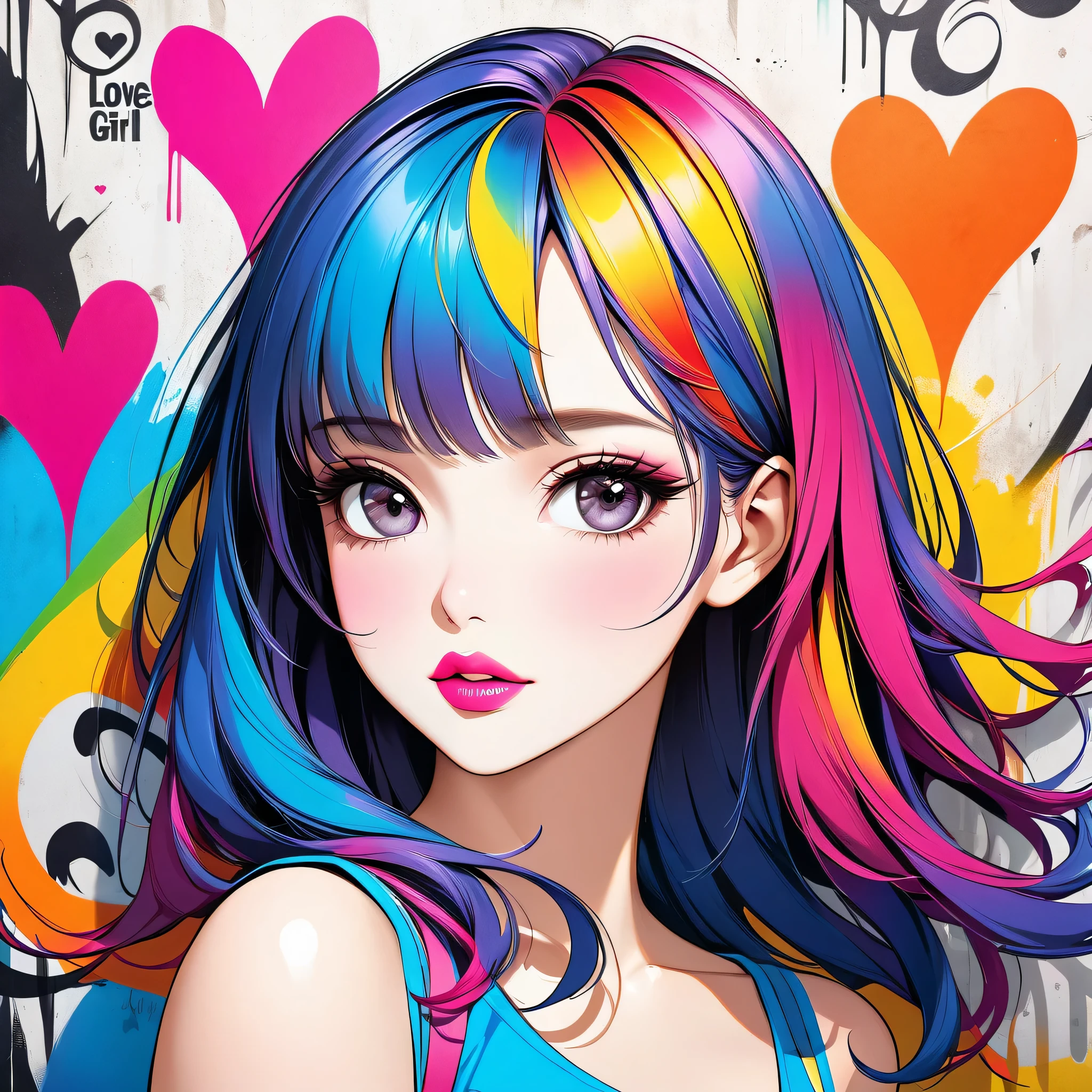 Ultra-realism Micho colorful style, Simple Line Initialism,Abstract art,(((The most beautiful girl of all time))), Sweet face. Lips in love, colorful hearts, stylish design, Summer beach fashion, Dark Eyes, Graffiti on the wall