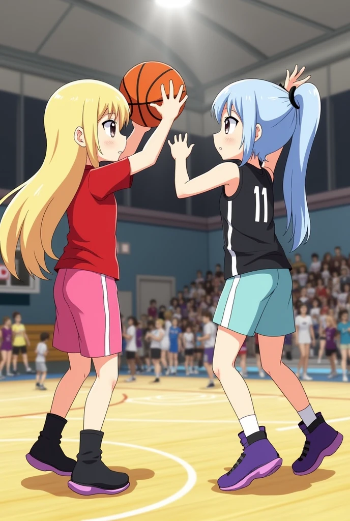 Lucy Heartfilia plays basketball with Juvia Lockser. Juvia Lockser is in a defensive position on Lucy Heartfilia. Lucy Heartfilia shoots a 3-point.
Lucy Heartfilia is wearing a red T-shirt with pink shorts and black basketball shoes. She has long blond hair, beige skin and brown eyes.
Juvia Lockser wears a black n°11 tank top with light blue shorts and purple basketball shoes. She has long light-blue hair tied back, beige skin and blue eyes.
They are playing in a gymnasium in a real-life basketball game.