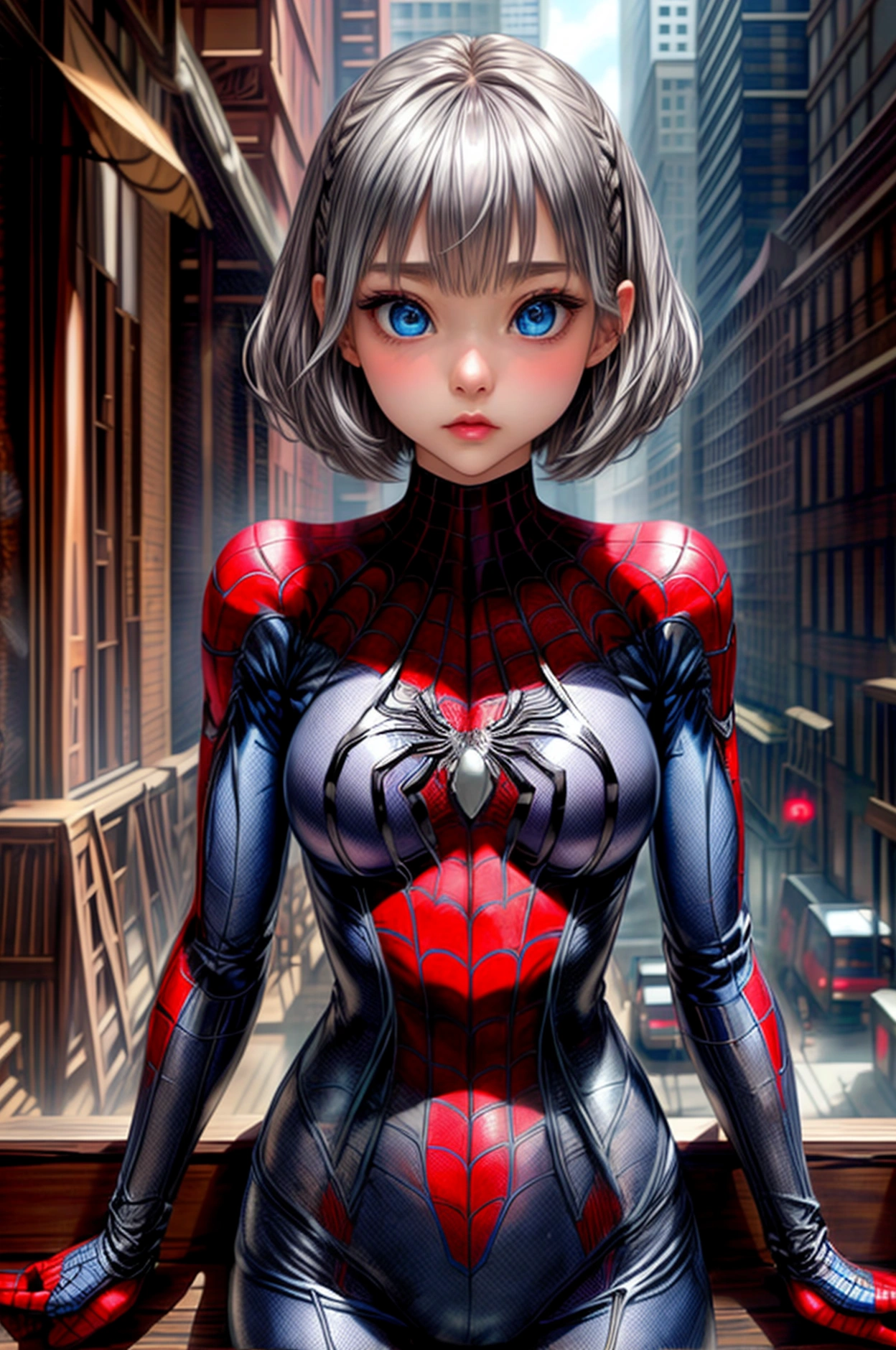 バングラデシュのSpiderman、8k.Half Russian and half Japanese、Russian face、beautiful girl、princess、、Small face、Young face、Big eyes、Skinny、Small breasts、（（（Silver Hair、Silver Hair）））、With bangs、（（（High resolution big beautiful light blue eyes, ）））、Shortcuts、Bobcut、、Spiderman、sf,Fantasy、バングラデシュのSpiderman
