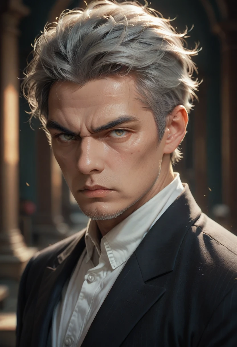 old man, majestic, serious, Zhongshan suit, gray hair, I'm shocked