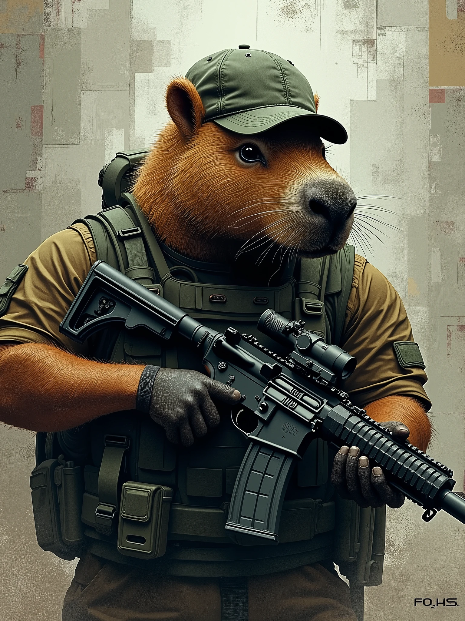 mosaic-like image composed of irregular geometric shapes and thick lines that intersect dynamically with muted and gradual colors full of noise, featuring a capybara military operator wearing a baseball cap, and aiming an M4A1. The irregular background gives a mysterious and tough impression. more detail, enhanced, poakl.