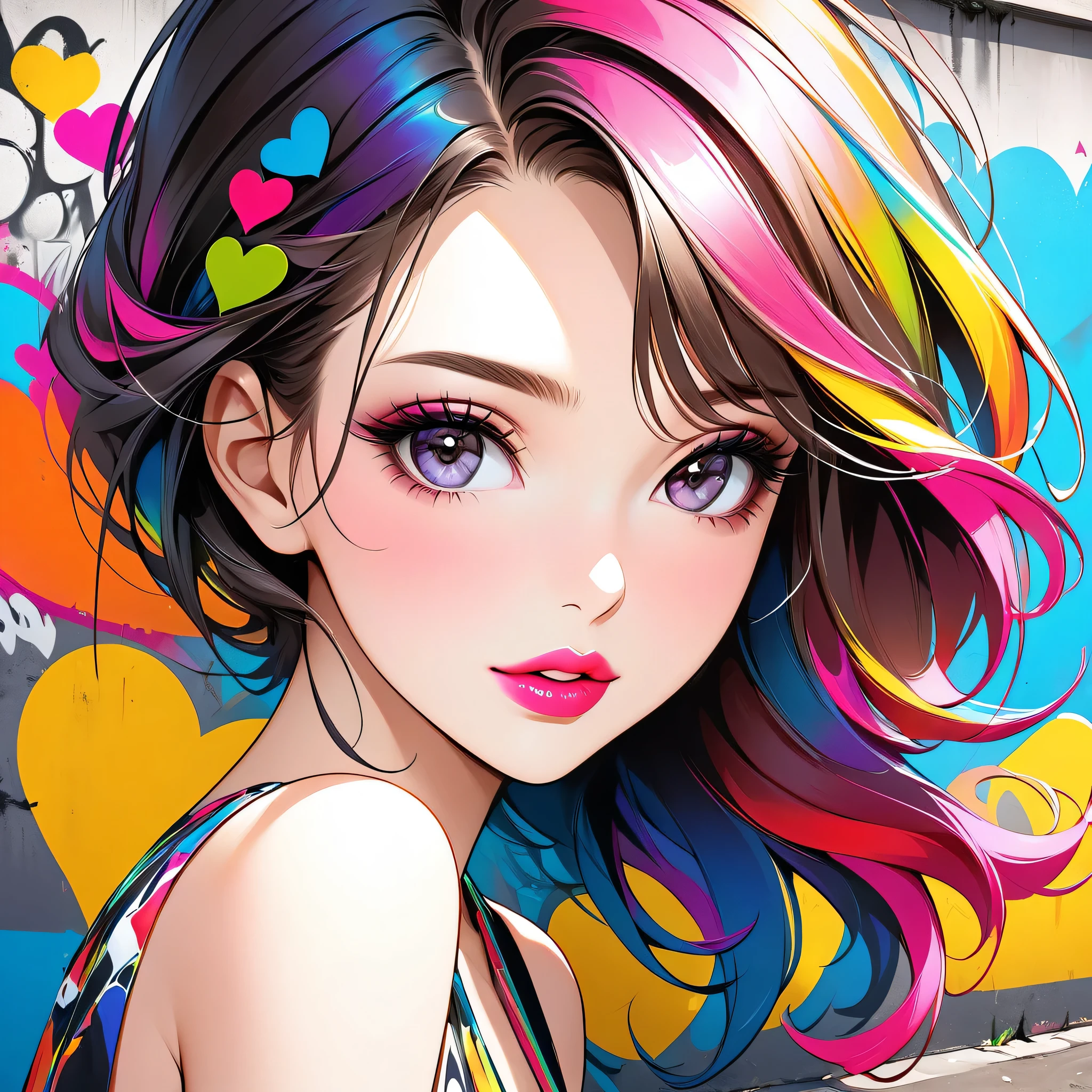 Ultra-realism Micho colorful style, Simple Line Initialism，Abstract art，(((The most beautiful girl of all time))), Sweet face. Lips in love, colorful hearts, stylish design, Summer beach fashion, Dark Eyes, Graffiti on the wall