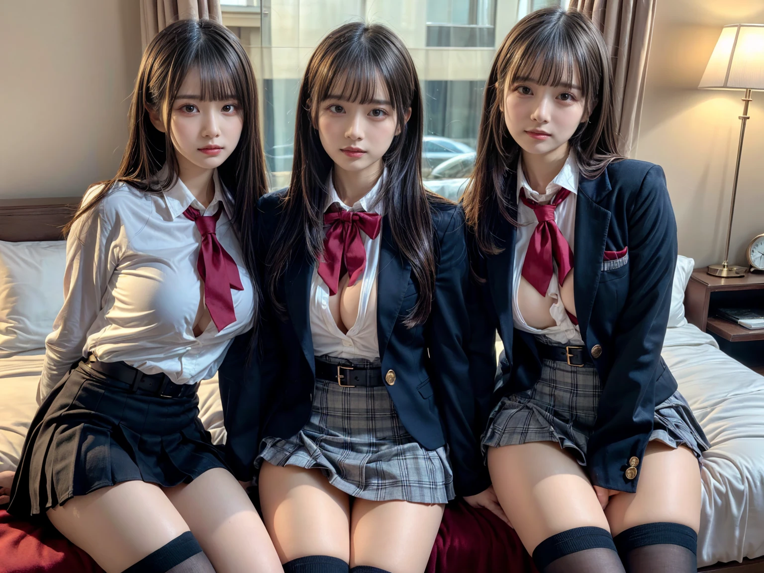 (8K, Raw photography, top-quality, ​masterpiece:1.2), master piece, best quality, illustration, Super detailed, fine details, High resolution, 8K,wall paper, perfect dynamic composition,(Details High quality, realistic depiction of eyes:1.3), ((2 girls, 2 schoolgirls)), The background is a luxury hotel room、High school girl uniform、blazer 、Super Short Check Uniform Skirt、Navy blue high socks、garterbelts、Colossal tits、Disturbed uniform, Play with each other,Touching each other's bodies,Touching the body of the girl next door, short bob hair, black hair color, huge breasts, Big Natural Color Lip, bold sexy pose, (perfect body shape), crying a little、cold gaze,  Beautiful makeup,glitter makeup,Cutest 1, beautiful legs, hposing Gravure Idol, Voluptuous thighs