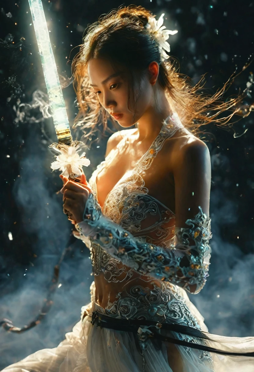 Female swordsman topless photography,Atomic Correct,Raw, Lenses, (Clear focus:1.5), (Reality:1.4), Dusk lighting, Volumetric Lighting, Ultra-high resolution, 16K,Dramatic Lighting, White background:1.5),Glowing sword,(fighting stance),Hold the sword hilt tightly in your hand,1 sword,Solitary,(Zentangle,Mandala,Tangles,Entanglement:0.7) , Depth of Field, Dreamy atmosphere, The most beautiful form of chaos, grace, Brutalist design dark theme, Flower of Death, Flowers of ecstasy,glowing line,Glow Example,Tracking example,flash, Backlight,translucent,Light Particles,exit,xianxia