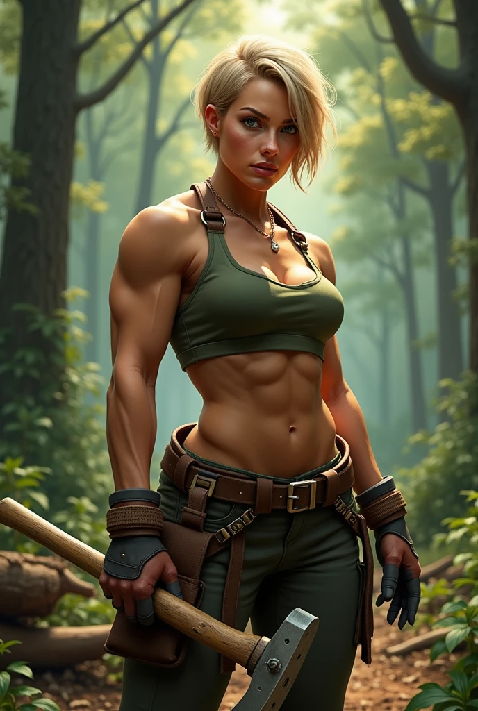  blond，woodcutter，robust，Woods background，woman，short hair，biceps，Work clothes，Good figure，Handsome