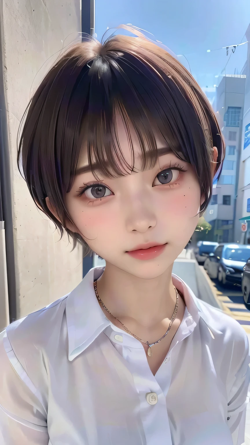 (Highest quality:1.3)、(Masterpiece:1.4)、Raw photo、8k、((Best image quality))、 ((High resolution))、Beautiful face in every detail、Realistic human skin、Gentle expression、(Cute natural anime face)、(One Woman:1.3)、Realistic、Photorealistic、short hair、(Beautiful woman)、((Cool Japan girl))、(boyish:1.5)、mannish、((Beautiful woman))、(Beautiful Hair)、((Dark brown hair))、(Blushing:1.5)、(Fashion Model:1.3)、(Every woman admires her face:1.3)、((Her eyes are big))、20 year old beauty、(Small face)、Small Head、((Long neck))、(High school girls)、uniform、(Japanese high school uniform)、(High school girlsのuniform)、((White button-up shirt))、(A shirt with a wide open chest)、Collared shirt、(necklace)、(The aspirations of young people)、(The center of attention in school:1.3 )、everyone will love her、You can almost see your cleavage、Attractive lips、[[smile]]、(She has a great figure)

