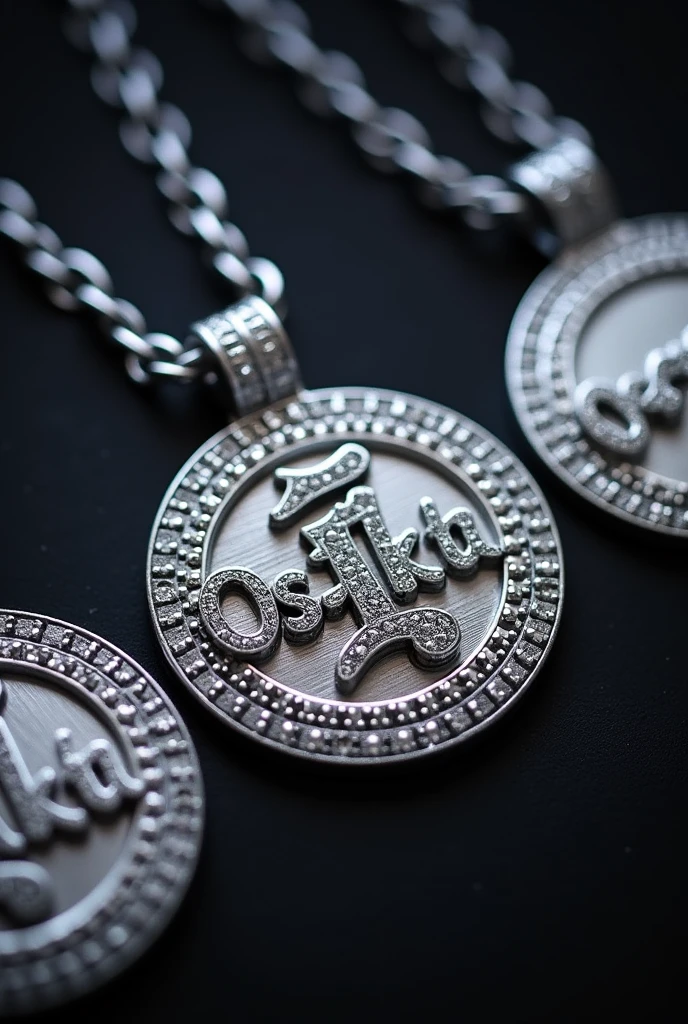 Silver chain set with diamonds with the text "Osaka" as medals written to resemble Japanese writing all in diamonds