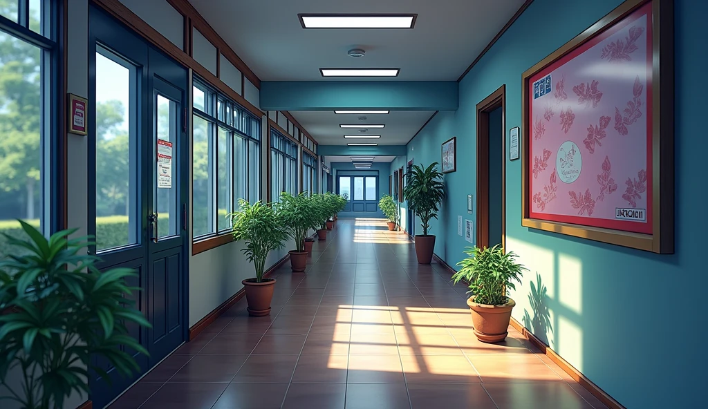 japanese school corridor, no people, sunny day, In the style of Makoto Shinkai。master piece, ultra detail, precision, ultra-realistic,