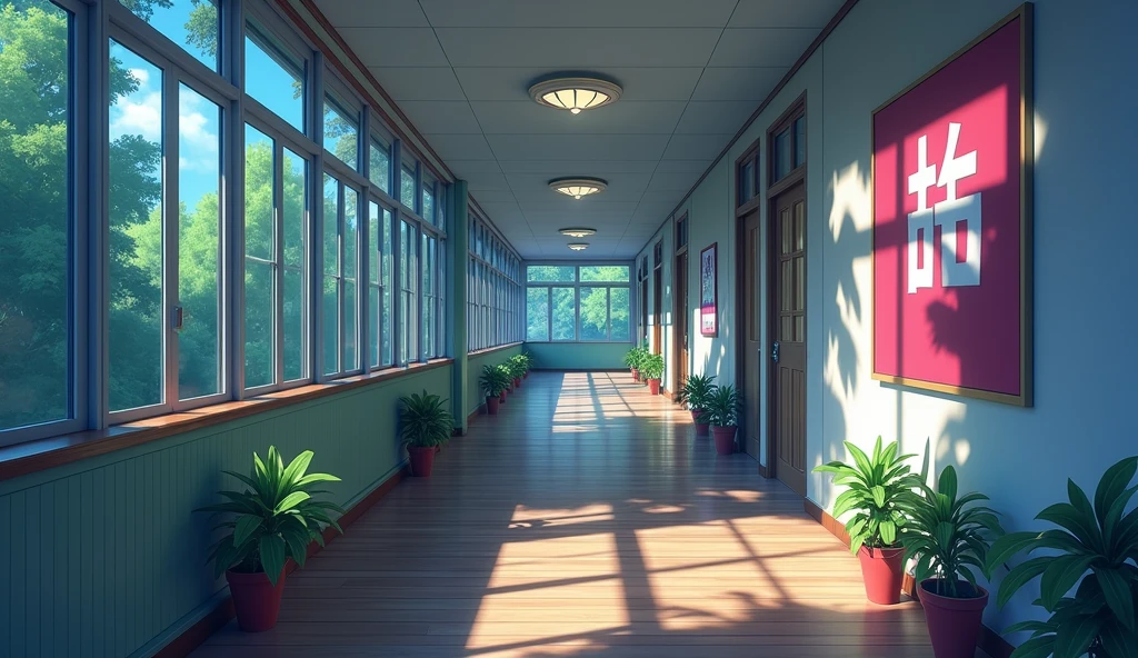   japanese school corridor, no people, sunny day, In the style of Makoto Shinkai。master piece, ultra detail, precision, ultra-realistic,
