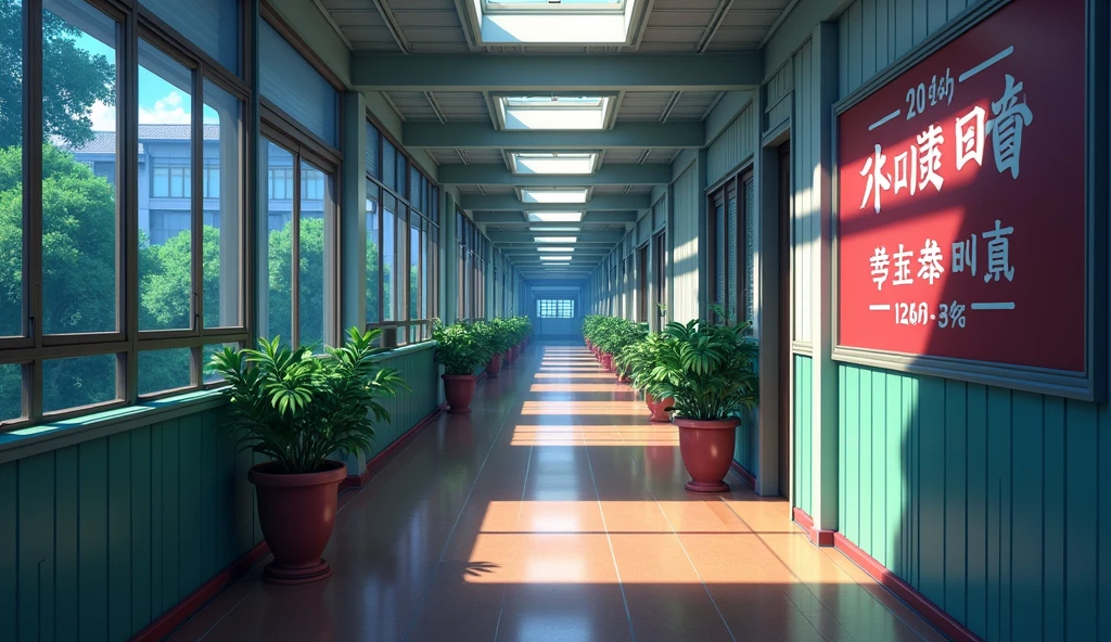   japanese school corridor, no people, sunny day, In the style of Makoto Shinkai。master piece, ultra detail, precision, ultra-realistic,
