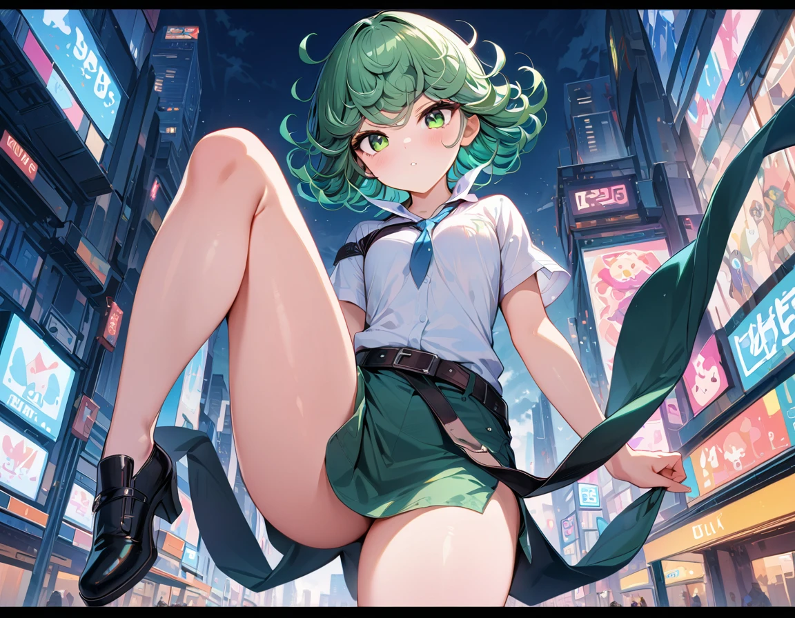 (high res, 8K, masterpiece, looking at viewer, best quality, very aesthetic, ultra detailed, ultra background, ultra Eyes) intricate details, 1girl, Tatsumaki, Chibi, short sleeved white shirt, Light Blue Gray short skirt, Pockets on the left chest, Blue Gray Tie, Wearing a belt, Black Sling bag, green short hair, green eyes, One leg lifted, normal face, Background City, Store, Cinematic Angle