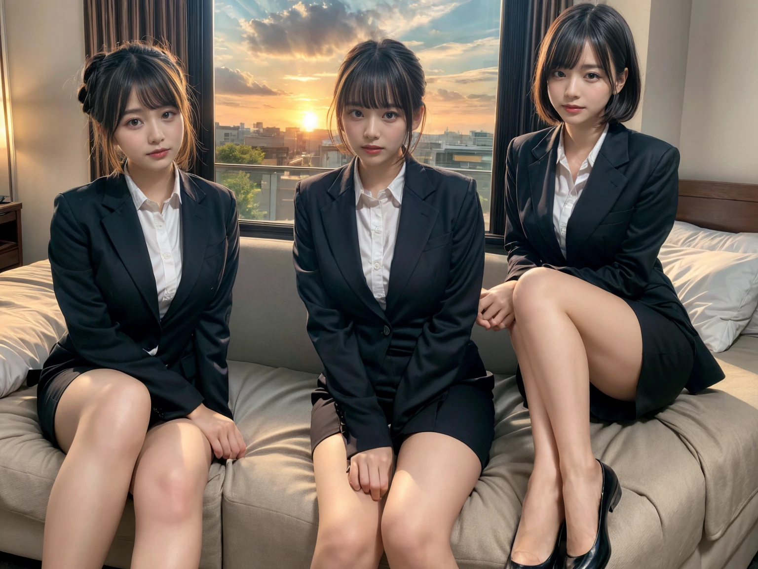 masterpiece, best quality, illustration, Super detailed, fine details, High resolution, 8K,wall paper, perfect dynamic composition,(Details High quality, realistic depiction of eyes:1.3), (2 girls), short hair, Office Lady, ,Suit,Collared shirt, Black Suit,Black jacket, updo, huge breasts, black hair color, Big Natural Color Lip, bold sexy pose, crying a little、Harajuku style、20 year old girl、cute type、lolita、beautiful legs, hotel room, full body photo、focus on crotch, hposing Gravure Idol, Sexy shot looking at camera, Sunset, by the window, Summer, make up, Curve