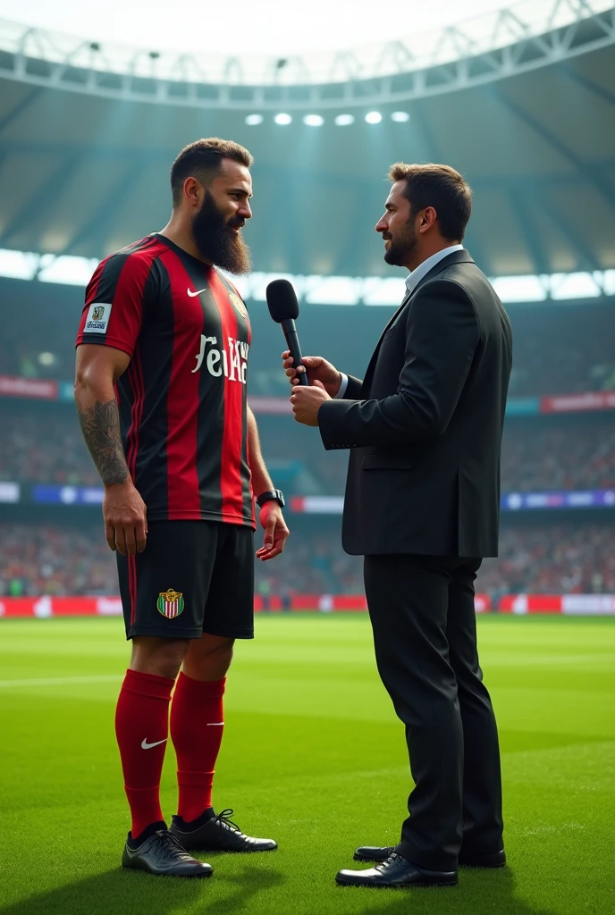 Iranian football player strong hairy bearded full beard, Red and black striped shirt, black shorts and red socks and black boots, giving an interview for a television program, at the field, next to the reporter, big football stadium full of people.