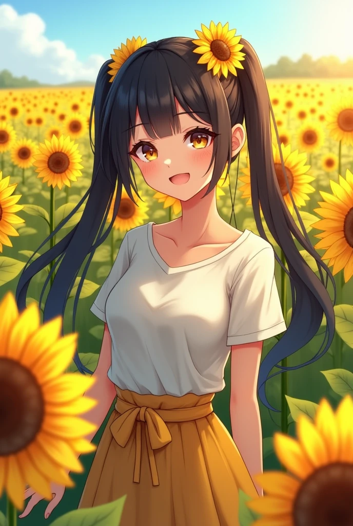 Adult women。Black hair twin tails。T-shirt and skirt Sunflower hair ornament Sunflower Ribbon The background is a sunflower field smile
