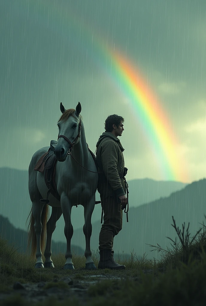 A man standing with horse and rainy weather appear and rainbow in sky