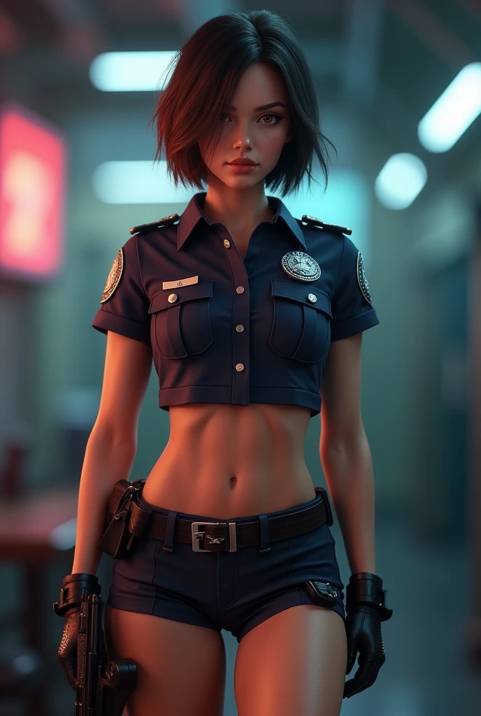Female police officer、cute、young woman、1、Short Bob、Beautiful legs、(((Muscular body)))、(((Muscular body)))、(((Macho)))、((Muscular))、(((Six-pack)))、My abs are split into 6、Six Pack、Muscle、(best quality,4K,8k,highres,masterpiece:1.2),ultra-detailed,(realistic,photorealistic,photo-realistic:1.37),HDR,uhd,studio lighting,ultra-fine painting,sharp focus,physically-based rendering,extreme detail description,professional,vivid colors,bokeh,cinematic lighting,dramatic shadow、High resolution, High-resolution model, Retina, Textured skin, Ultra high definition, 