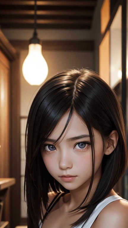 a girl who has short, beautiful shoulder-length hair and eyes that have the impression of a sharp gaze and has a cheeky and indifferent facial gesture