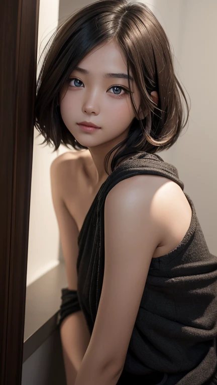 a girl who has short, beautiful shoulder-length hair and eyes that have the impression of a sharp gaze and has a cheeky and indifferent facial gesture