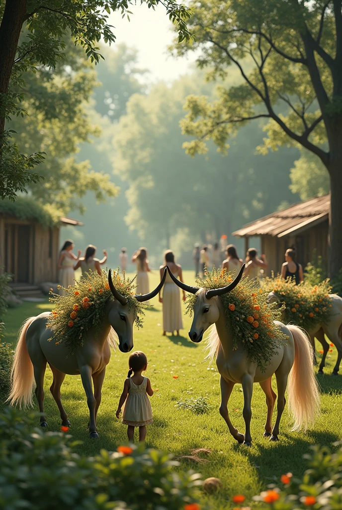 (masterpiece, Highest quality, shape, Subtle details, 8k:1.2),(Highly detailed CG Unity 8k wallpaper), (Highest quality), (Best illustrations),  (Perfect Anatomy:1.2),Generate a realistic and detailed image of a Centaur village from Greek mythology. The scene depicts multiple Centaurs living in a peaceful, pastoral community nestled within a lush, green landscape. The village is set in a clearing surrounded by tall trees, with simple wooden huts and natural structures that blend seamlessly with the environment. In the foreground, several female Centaurs are visible, their upper human bodies modestly covered with flowing bouquets of flowers, preserving their modesty while still embracing their natural beauty. The female Centaurs are engaged in everyday activities, such as gathering food, tending to children, or interacting with each other. The male Centaurs, with their powerful physiques, are seen in the background, perhaps practicing archery or engaging in conversation. The overall atmosphere is one of harmony and tranquility, with warm sunlight casting a gentle glow over the scene. The image should evoke the pastoral and mythological essence of the Centaur community, blending realism with a touch of ancient myth.