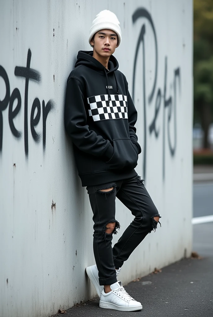 Featuring full HD high resolution images, A handsome Korean man wearing a black hoodie with a white checkered pattern, wearing black ripped jeans, Adidas white sneakers and a white beanie hat, seen leaning against a clean white concrete wall while facing the camera, There is graffiti written on the wall " PETER ", blur city street background, realistic