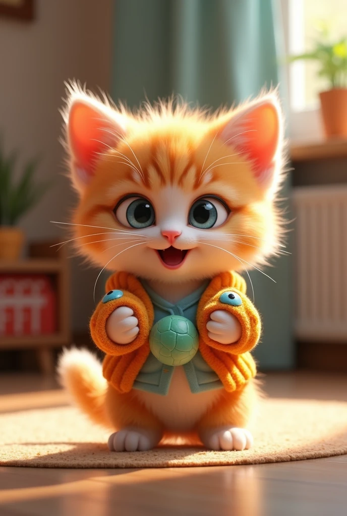 "An adorable 3D rendering of an AI kitten。 The kitten is wearing cute casual clothes。Colorful fish-shaped biscuits on the front legs、In the other paw he has a small ball of cat toy。The kitten's eyes are wide open with excitement、Keep your beard sharp、He has a mischievous smile。 Background is a warm and cozy living room with soft lighting。The kitten's fur is fluffy、Focusing on texture and light, which are Pixar's signature features、painted in every detail。 The whole scene is vibrant.、Playful。It captures the essence of a young cat's joy and curiosity.。"