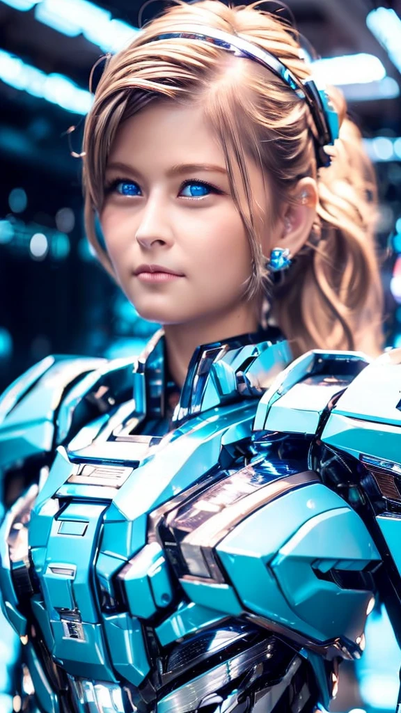 Wide-angle shot, 1 female, Mecha, Sparkling Blue Eyes, Very cute face, (Realistic:1.37), バイオMechaニカル, Spaceship interior bokeh background, Ultra-realistic, Very detailed, Very intricate details, Beautiful woman in focus