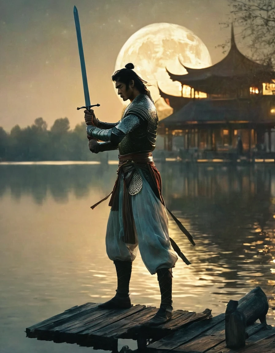 The hero dances with sword:1.5),Anatomically correct，1 glowing sword,(Movement posture),Hold the sword hilt tightly in your hand，Solitary，On the Lake, Wooden boats in the distance and pavilions in the lake，light, mysterious atmosphere,， ripple，(Splash;1.4)，A moon，Motion blur，swordsman，effort，