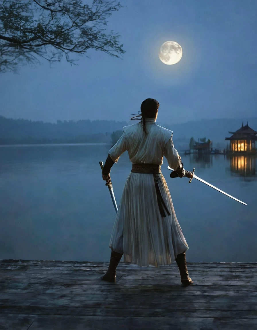 The hero dances with sword:1.5),Anatomically correct,1 glowing sword,(Movement posture),Hold the sword hilt tightly in your hand,Solitary,On the Lake, Wooden boats in the distance and pavilions in the lake,light, mysterious atmosphere,, ripple,(Splash;1.4),A moon,Motion blur,swordsman,effort,