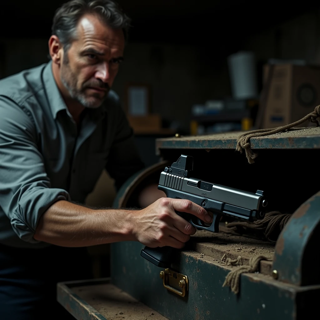 Man taking a glock that has been stored for a long time in a trunk in his house