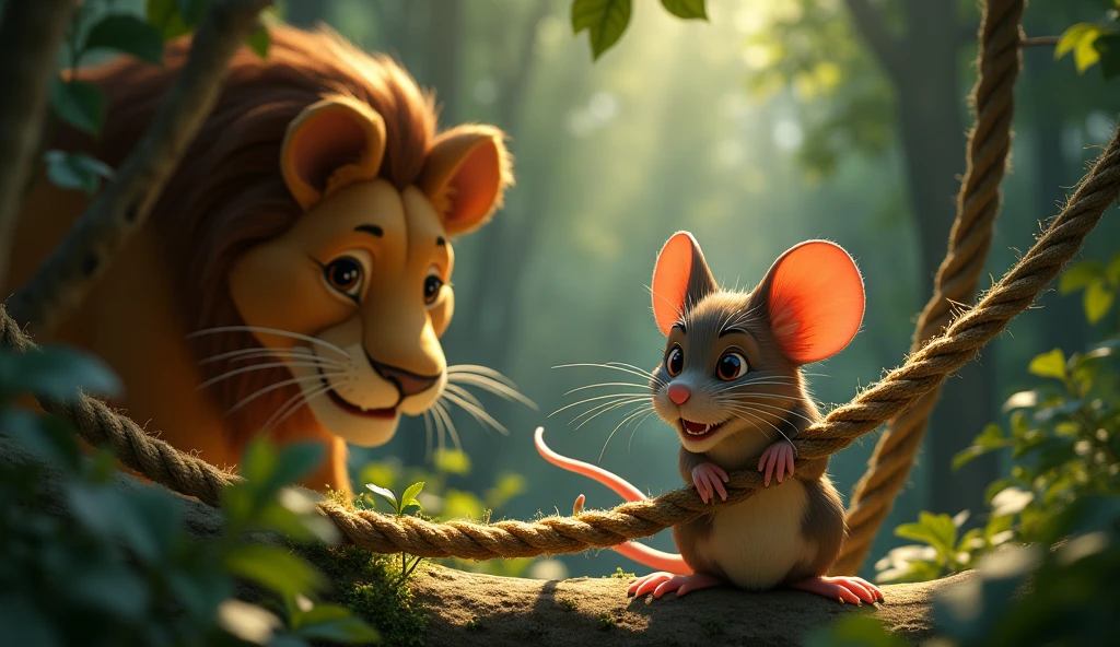 Prompt: "The mouse, using its sharp teeth, starts nibbling through the thick ropes of the net. Its face is focused and determined, and the lion watches with anticipation. The background shows a dense forest with sun rays piercing through the canopy, casting shadows and adding depth to the scene."3D animation Disney inspired